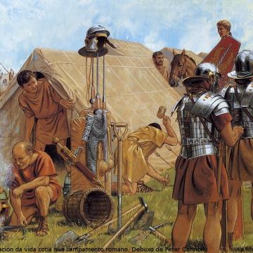 Recreación da vida cotiá nun campamento romano (Debuxo de Peter Connolly)